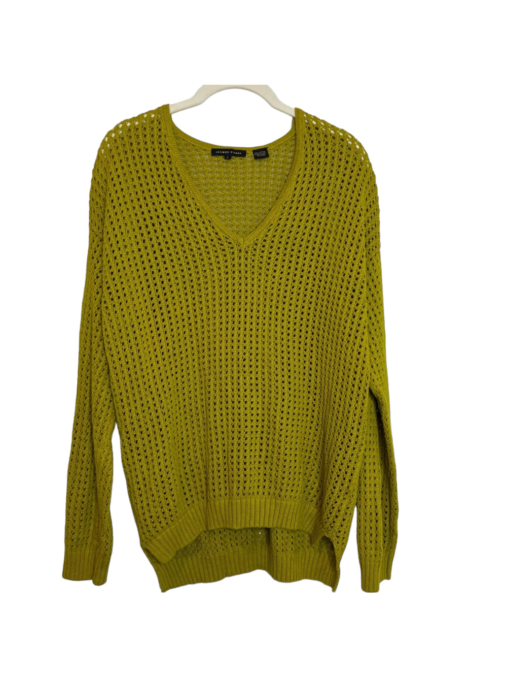 Jeanne Pierre Womens Open Knit Sweater Large Green Long Sleeve V-Neck High Low